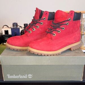Timberland Vibrant Red Boots with Black and Tan Accents